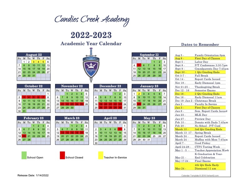 Academic Calendar 2022 2023 Candies Creek Academy